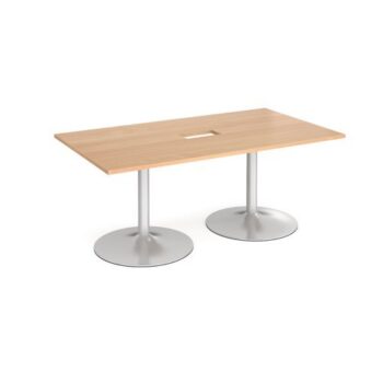 Trumpet base rectangular boardroom table 1800mm x 1000mm with central cutout 272mm x 132mm silver base beech top - TB18-CO-S-B