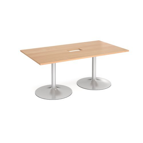 Trumpet base rectangular boardroom table 1800mm x 1000mm with central cutout 272mm x 132mm silver base beech top - TB18-CO-S-B