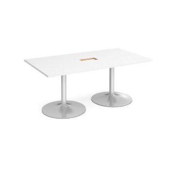 Trumpet base rectangular boardroom table 1800mm x 1000mm with central cutout 272mm x 132mm silver base white top - TB18-CO-S-WH