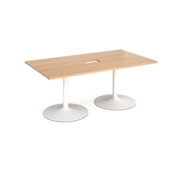 Trumpet base rectangular boardroom table 1800mm x 1000mm with central cutout 272mm x 132mm white base beech top - TB18-CO-WH-B