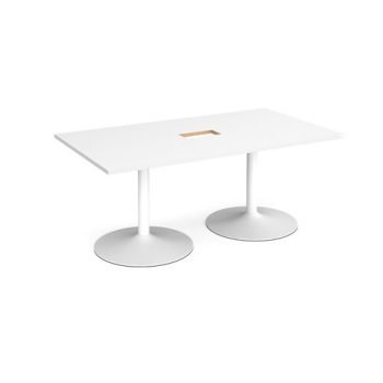 Trumpet base rectangular boardroom table 1800mm x 1000mm with central cutout 272mm x 132mm white base white top - TB18-CO-WH-WH