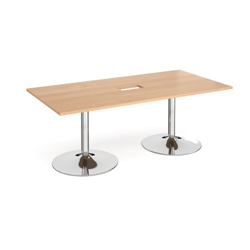 Trumpet base rectangular boardroom table 2000mm x 1000mm with central cutout 272mm x 132mm chrome base beech top - TB20-CO-C-B