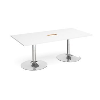 Trumpet base rectangular boardroom table 2000mm x 1000mm with central cutout 272mm x 132mm chrome base white top - TB20-CO-C-WH