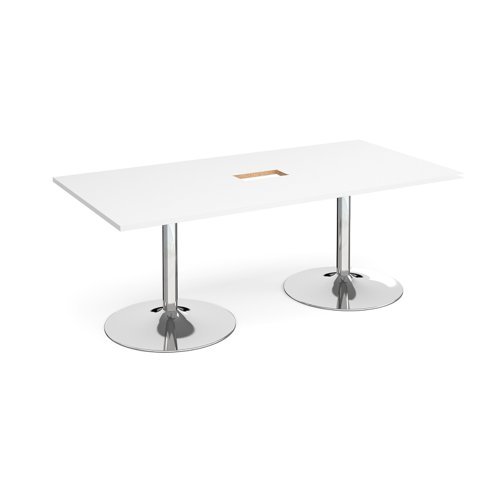 Trumpet base rectangular boardroom table 2000mm x 1000mm with central cutout 272mm x 132mm chrome base white top - TB20-CO-C-WH