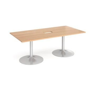 Trumpet base rectangular boardroom table 2000mm x 1000mm with central cutout 272mm x 132mm silver base beech top - TB20-CO-S-B