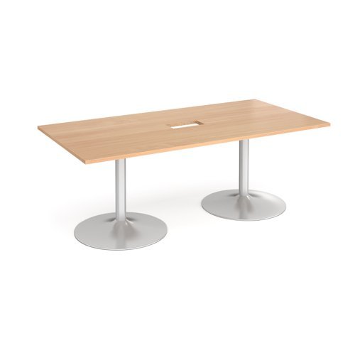 Trumpet base rectangular boardroom table 2000mm x 1000mm with central cutout 272mm x 132mm silver base beech top - TB20-CO-S-B