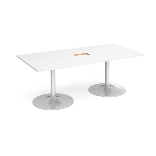 Trumpet base rectangular boardroom table 2000mm x 1000mm with central cutout 272mm x 132mm silver base white top - TB20-CO-S-WH