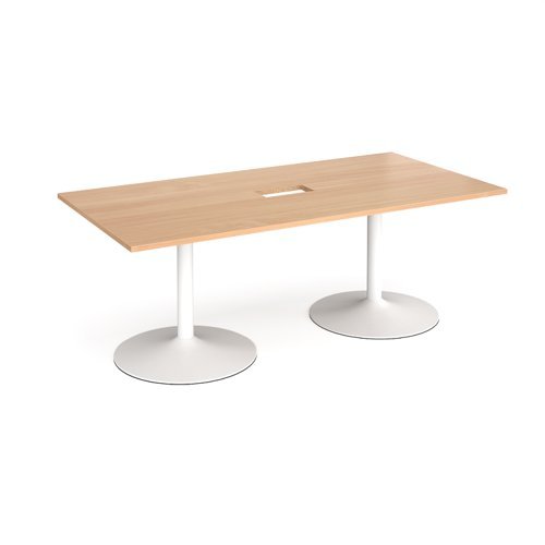 Trumpet base rectangular boardroom table 2000mm x 1000mm with central cutout 272mm x 132mm white base beech top - TB20-CO-WH-B