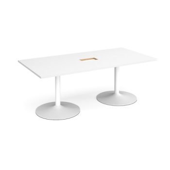 Trumpet base rectangular boardroom table 2000mm x 1000mm with central cutout 272mm x 132mm white base white top - TB20-CO-WH-WH