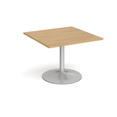 Trumpet base square extension table 1000mm x 1000mm silver base oak top - TB10-S-O
