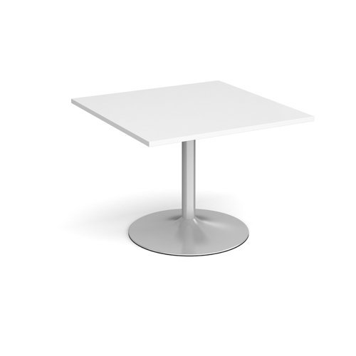 Trumpet base square extension table 1000mm x 1000mm silver base white top - TB10-S-WH