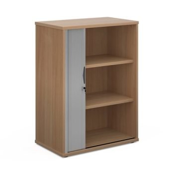 Universal single door tambour cupboard 1090mm high with 2 shelves beech with silver door - R1090TCB