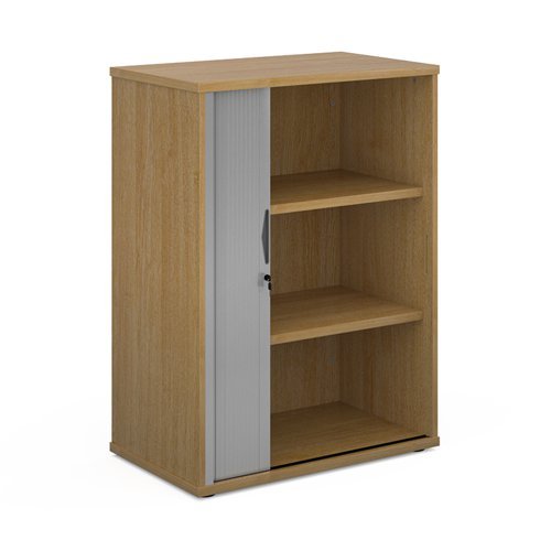 Universal single door tambour cupboard 1090mm high with 2 shelves oak with silver door - R1090TCO