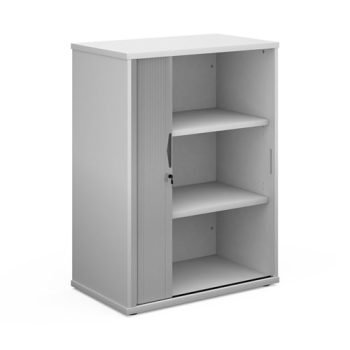 Universal single door tambour cupboard 1090mm high with 2 shelves white with silver door - R1090TCWH