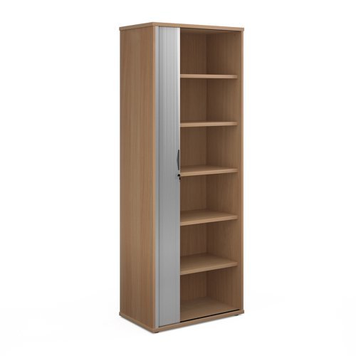 Universal single door tambour cupboard 2140mm high with 5 shelves beech with silver door - R2140TCB