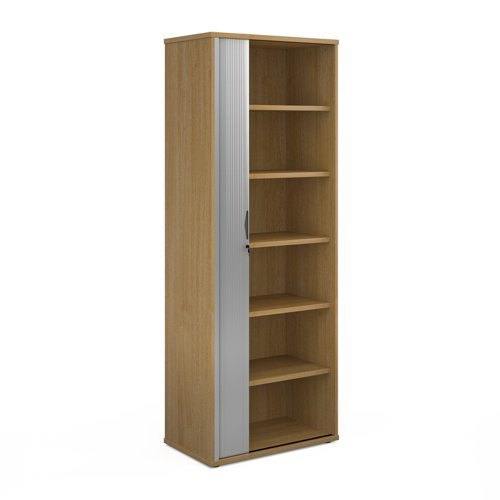Universal single door tambour cupboard 2140mm high with 5 shelves oak with silver door - R2140TCO