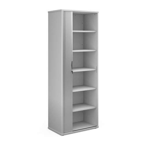 Universal single door tambour cupboard 2140mm high with 5 shelves white with silver door - R2140TCWH