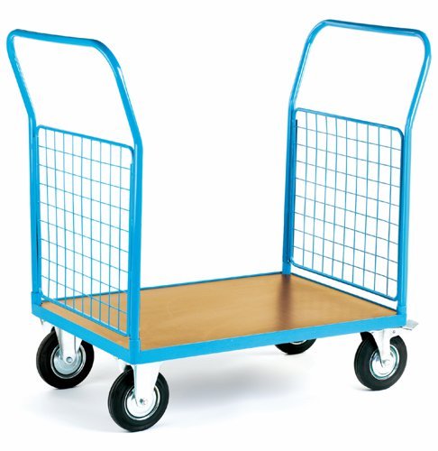 2 Mesh Ends Platform Truck; 1300 x 700 x 1050; Fixed/Swivel (x2 Braked) Castors; Steel; 500kg; Blue/Veneer - PI802H