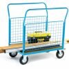 2 Mesh Sides Platform Truck; 1300 x 700 x 1050; Fixed/Swivel (x2 Braked) Castors; Steel; 500kg; Blue/Veneer - PI806H