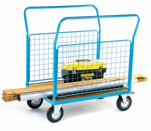 2 Mesh Sides Platform Truck; 1300 x 700 x 1050; Fixed/Swivel (x2 Braked) Castors; Steel; 500kg; Blue/Veneer - PI806H