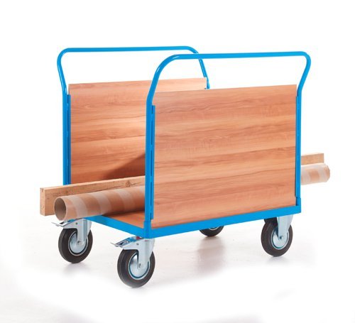 2 Veneer Sides Platform Truck; 1300 x 700 x 1050; Fixed/Swivel (x2 Braked) Castors; Steel; 500kg; Blue/Veneer - PI816H