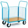 3 Mesh Sides Platform Truck; 1300 x 700 x 1050; Fixed/Swivel (x2 Braked) Castors; Steel; 500kg; Blue/Veneer - PI803H