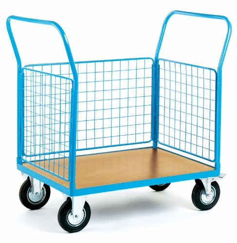 3 Mesh Sides Platform Truck; 1300 x 700 x 1050; Fixed/Swivel (x2 Braked) Castors; Steel; 500kg; Blue/Veneer - PI803H