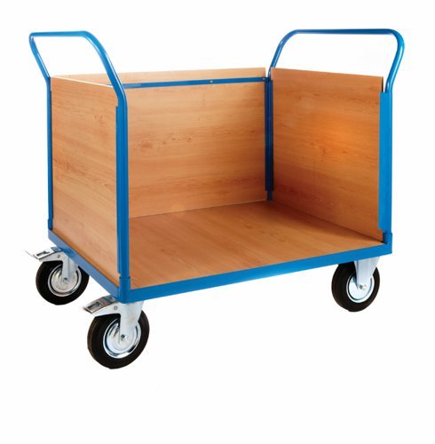 3 Veneer Sides Platform Truck; 1500 x 800 x 1050; Fixed/Swivel (x2 Braked) Castors; Steel; 500kg; Blue/Veneer - PI833H