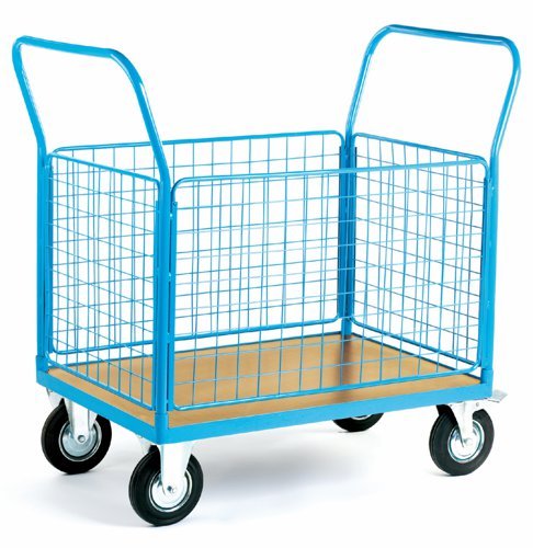 4 Mesh Sides Platform Truck; 1300 x 700 x 1050; Fixed/Swivel (x2 Braked) Castors; Steel; 500kg; Blue/Veneer - PI804H
