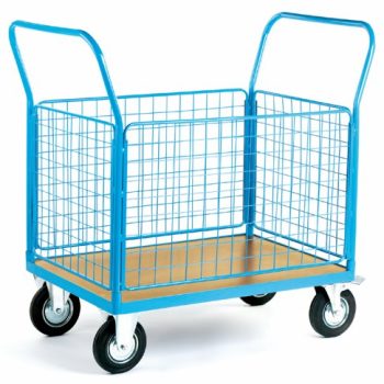 4 Mesh Sides Platform Truck; 1500 x 800 x 1050; Fixed/Swivel (x2 Braked) Castors; Steel; 500kg; Blue/Veneer - PI824H