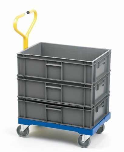 Container Dolly with Handle; 610 x 400 x 930; Swivel Castors; Plastic; 250kg; Blue/Yellow - PDT63S