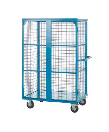 Distribution Trolley with Lockable Doors; Fixed/Swivel (x2 Braked) Castors; Steel; 500kg; Blue - DT401Y