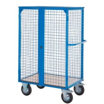 Distribution Trolley with Lockable Doors; Fixed/Swivel (x2 Braked) Castors; Steel/Veneer; 500kg; Blue/Veneer - DT601Y