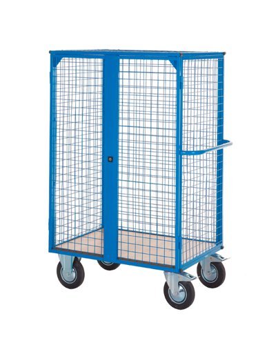 Distribution Trolley with Lockable Doors; Fixed/Swivel (x2 Braked) Castors; Steel/Veneer; 500kg; Blue/Veneer - DT601Y