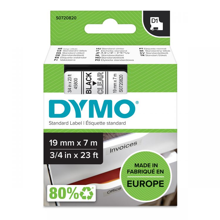 DYMO D1 Label Black on Clear 45800 19mm x 7m - Each
