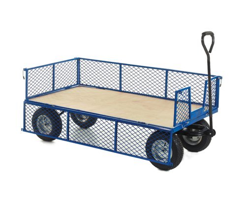 Industrial General Purpose Truck; Plywood Base; Mesh Sides & Ends with Pneumatic Wheels; 500kg; Blue/Veneer - TI545R
