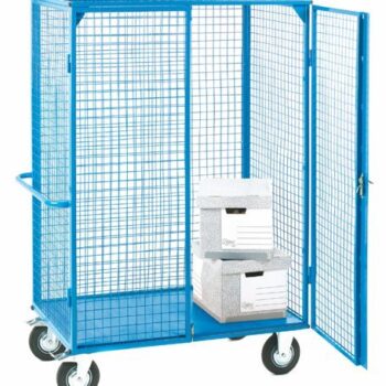 Large Distribution Trolley with Lockable Doors; Fixed/Swivel (x2 Braked) Castors; Steel; 500kg; Blue - DT701Y