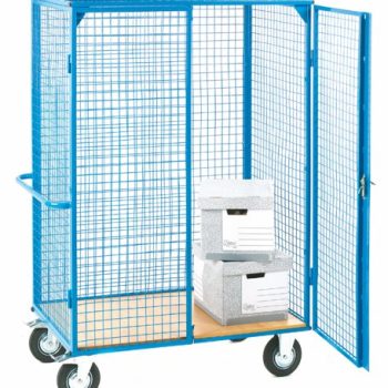 Large Distribution Trolley with Lockable Doors; Fixed/Swivel (x2 Braked) Castors; Steel/Veneer; 500kg; Blue/Veneer - DT901Y