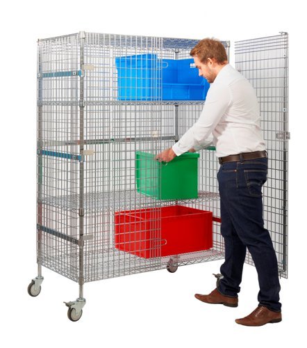 Large Security Trolley; Swivel (x2 Braked) Castors; Wire Mesh; 350kg; Silver - SW092Y