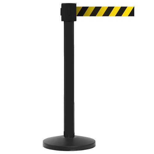 Obex Barriers Premium Safety Belt Barrier; Belt Length mm: 10600; Black Post; Black/Yellow Chevron - PSBB10CHBPBYC
