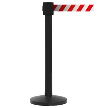Obex Barriers Premium Safety Belt Barrier; Belt Length mm: 10600; Black Post; Red/White Chevron - PSBB10CHBPRWC