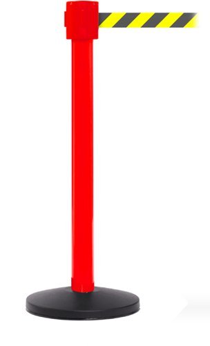 Obex Barriers Premium Safety Belt Barrier; Belt Length mm: 10600; Red Post; Black/Yellow Chevron - PSBB10CHRPBYC