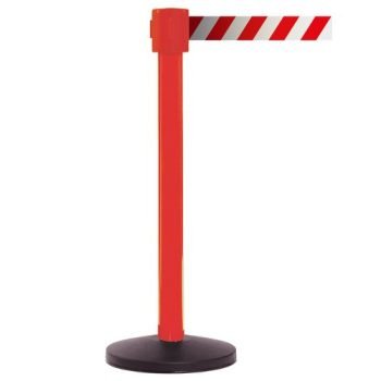 Obex Barriers Premium Safety Belt Barrier; Belt Length mm: 10600; Red Post; Red/White Chevron - PSBB10CHRPRWC