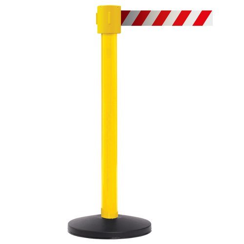 Obex Barriers Premium Safety Belt Barrier; Belt Length mm: 10600; Yellow Post; Red/White Chevron - PSBB10CHYPRWC