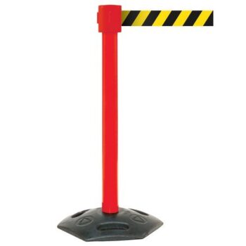 Obex Barriers Premium Weatherproof Belt Barrier; Belt Length mm: 10600; Red Post; Black/Yellow Chevron - WMS106CHRPBYC
