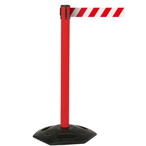 Obex Barriers Premium Weatherproof Belt Barrier; Belt Length mm: 10600; Red Post; Red/White Chevron - WMS106CHRPRWC