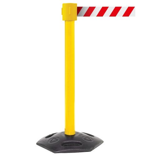 Obex Barriers Premium Weatherproof Belt Barrier; Belt Length mm: 10600; Yellow Post; Red/White Chevron - WMS106CHYPRWC