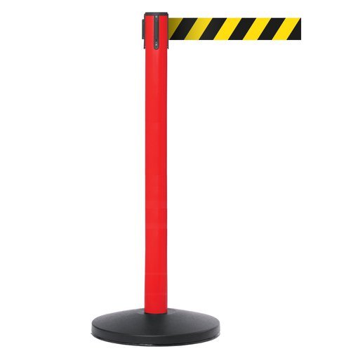 Obex Barriers Safety Belt Barrier; Belt Length mm: 3400; Red Post; Black/Yellow Chevron - SBBS34CHRPBYC