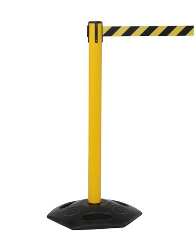 Obex Barriers Weatherproof Single Belt Barrier; Belt Length mm: 3400; Yellow Post; Black/Yellow Chevron - WMS34CHYPBYC