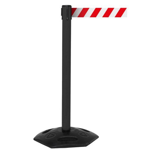 Obex Barriers Weatherproof Single Belt Barrier; Belt Length mm: 4900; Black Post; Red/White Chevron - WMS49CHBPRWC